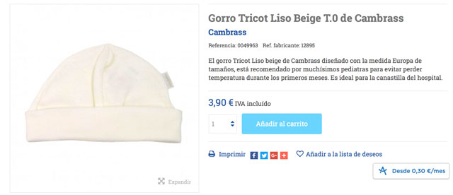 gorro primera postura bebe